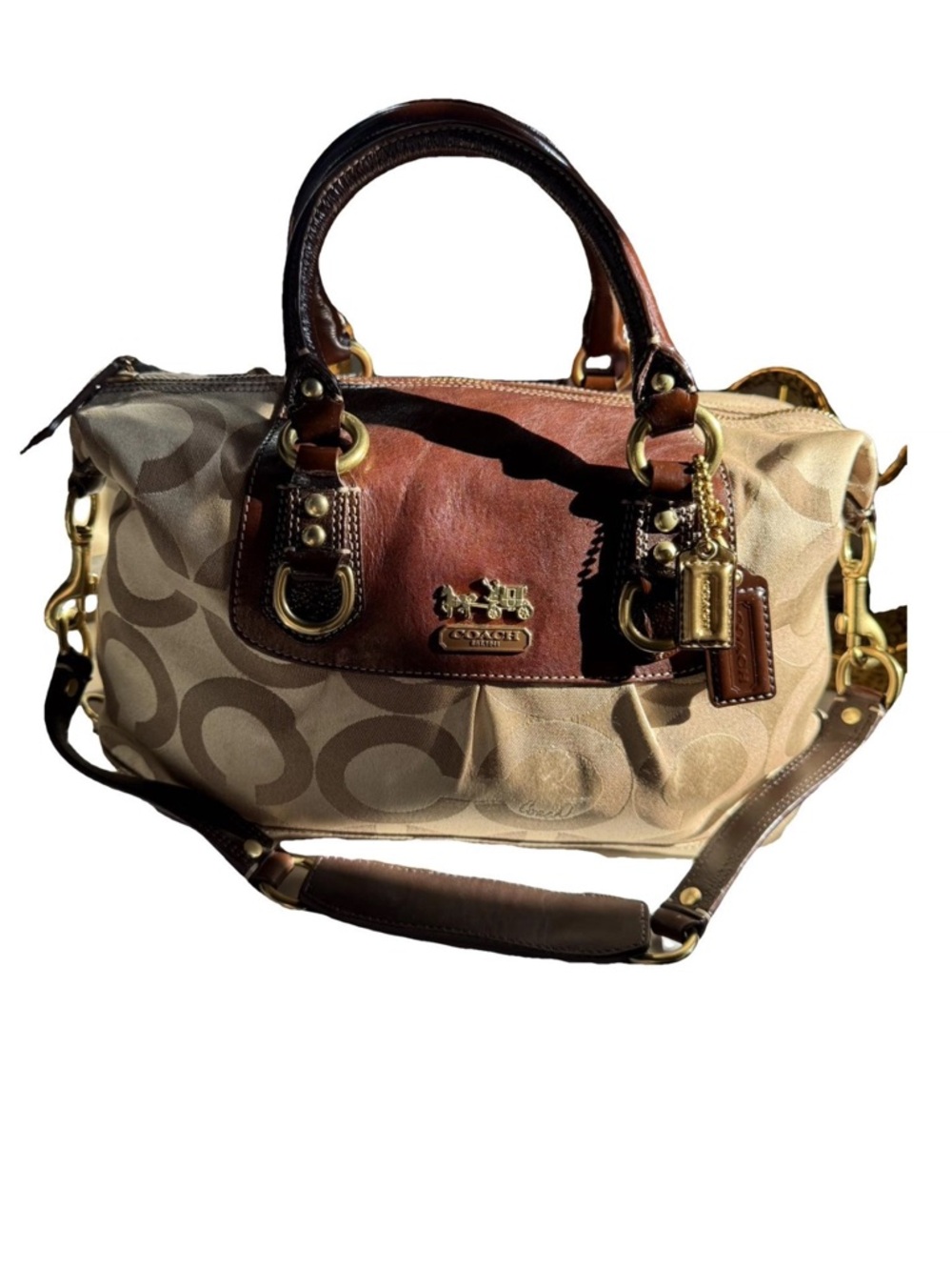 Coach Tan Signature Canvas Satchel with Brown Leather Trim